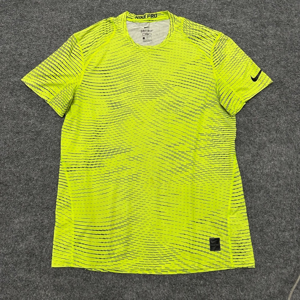 Nike Shirt Mens Large Neon Yellow Dri-Fit Fitted Dash Pattern Athletic Training